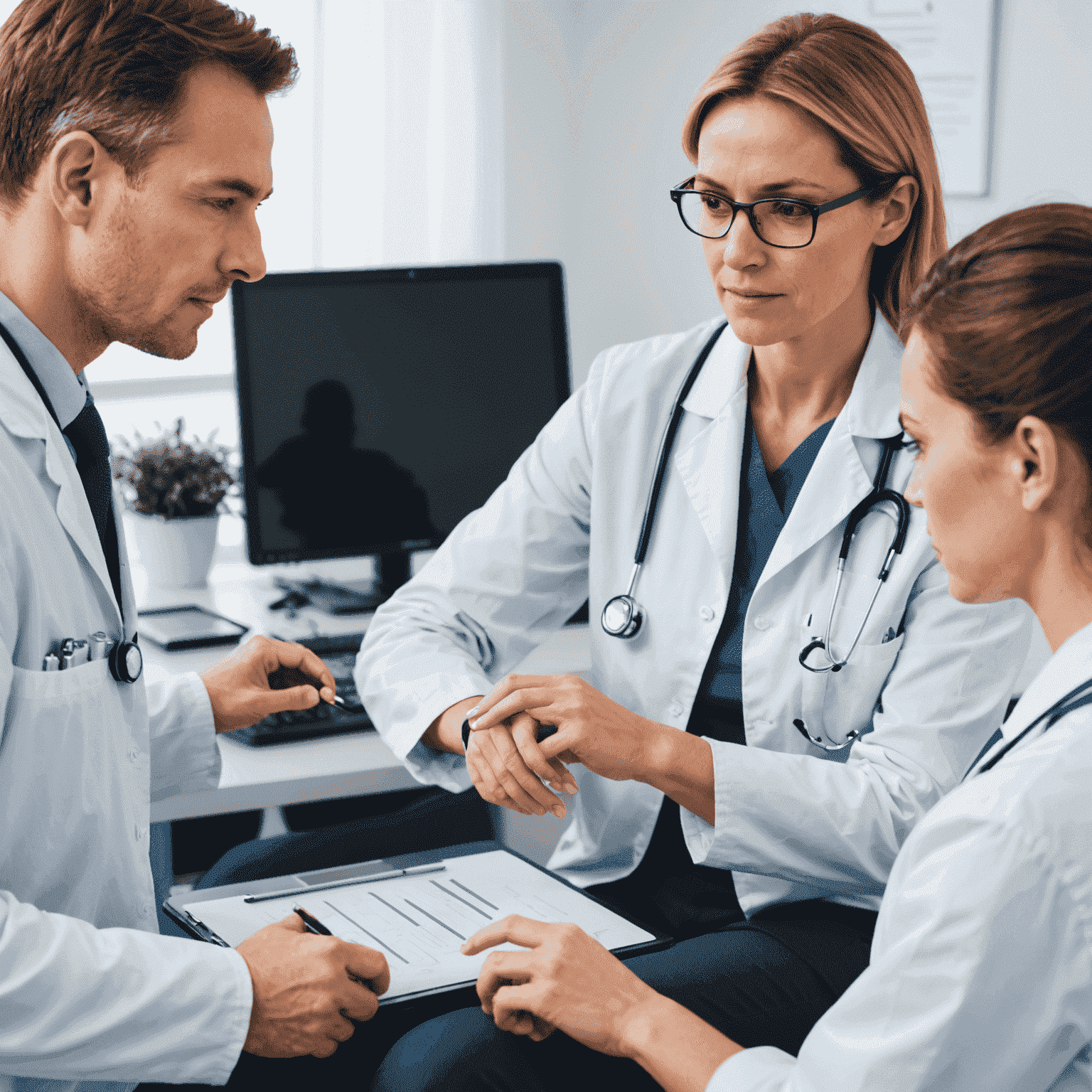 Profesional de salud realizando una evaluación holística a un paciente. El profesional está utilizando diversos instrumentos y técnicas para evaluar diferentes aspectos de la salud del paciente, incluyendo mediciones físicas, análisis de postura y evaluación de estilo de vida.