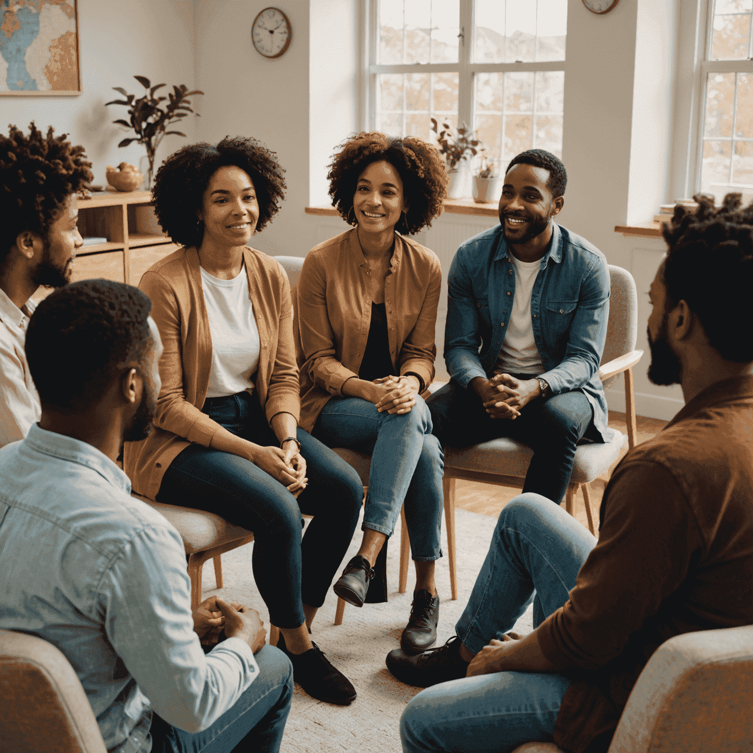 Imagen de un grupo diverso de personas participando en una sesión de terapia grupal, mostrando apoyo mutuo y un ambiente de confianza. La escena refleja la diversidad de edades y orígenes, enfatizando la inclusividad de nuestros servicios de salud mental.